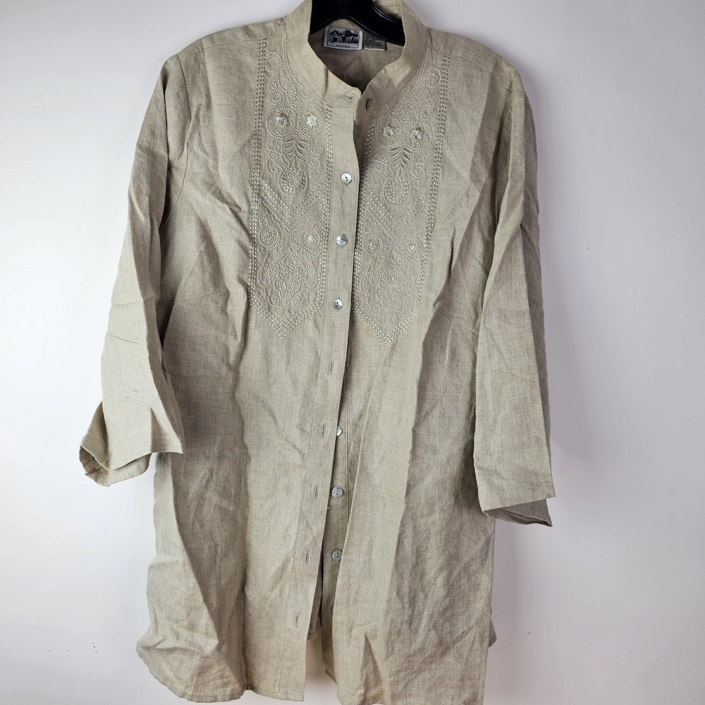 IRISH LINEN Womens Edward Blouse 1X Khaki Beige Embroidered Floral Top Button LS